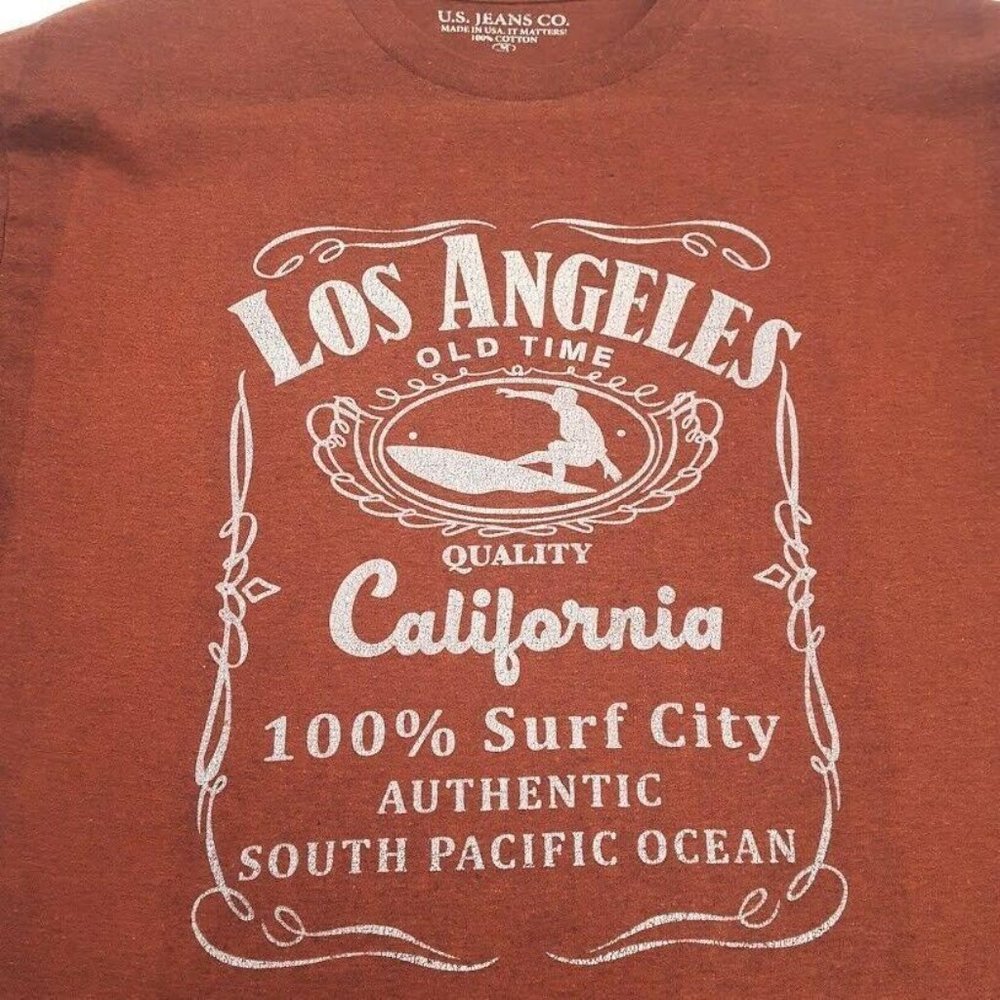 US Jeans Co Los Angeles Surf City Jack Daniels Label Parody Tee T-Shirt Red Size - Picture 2 of 8